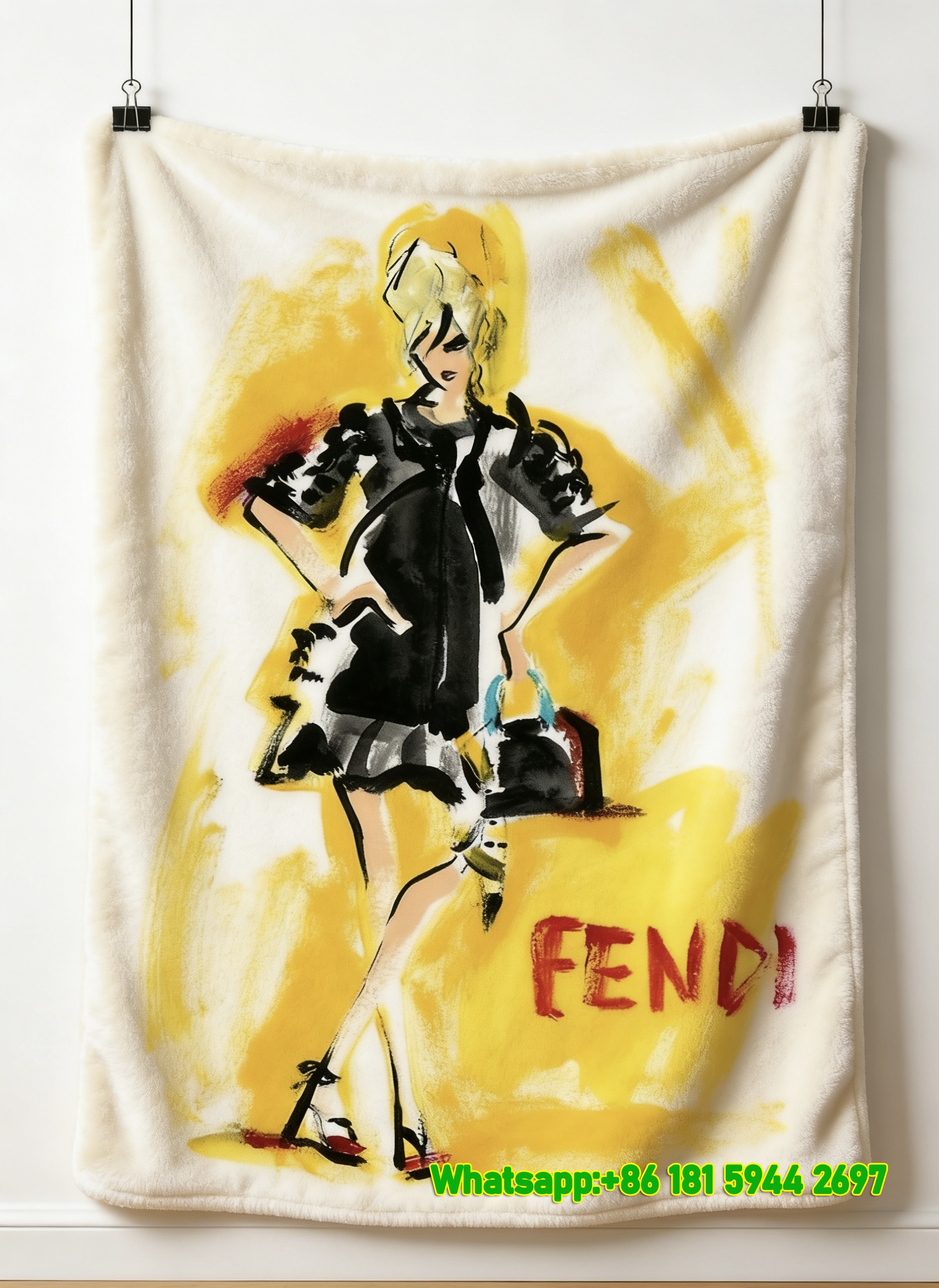 Fendi Yellow Brushstroke Fashion Illustration Flannel Throw Blanket IMG_9609